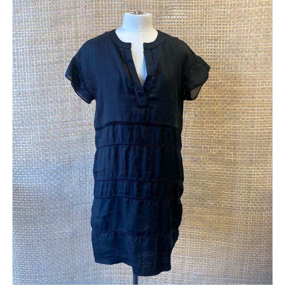 VINCE Size 2  Black Ramie LACE INSET SHIFT Relaxed Popover Dress.